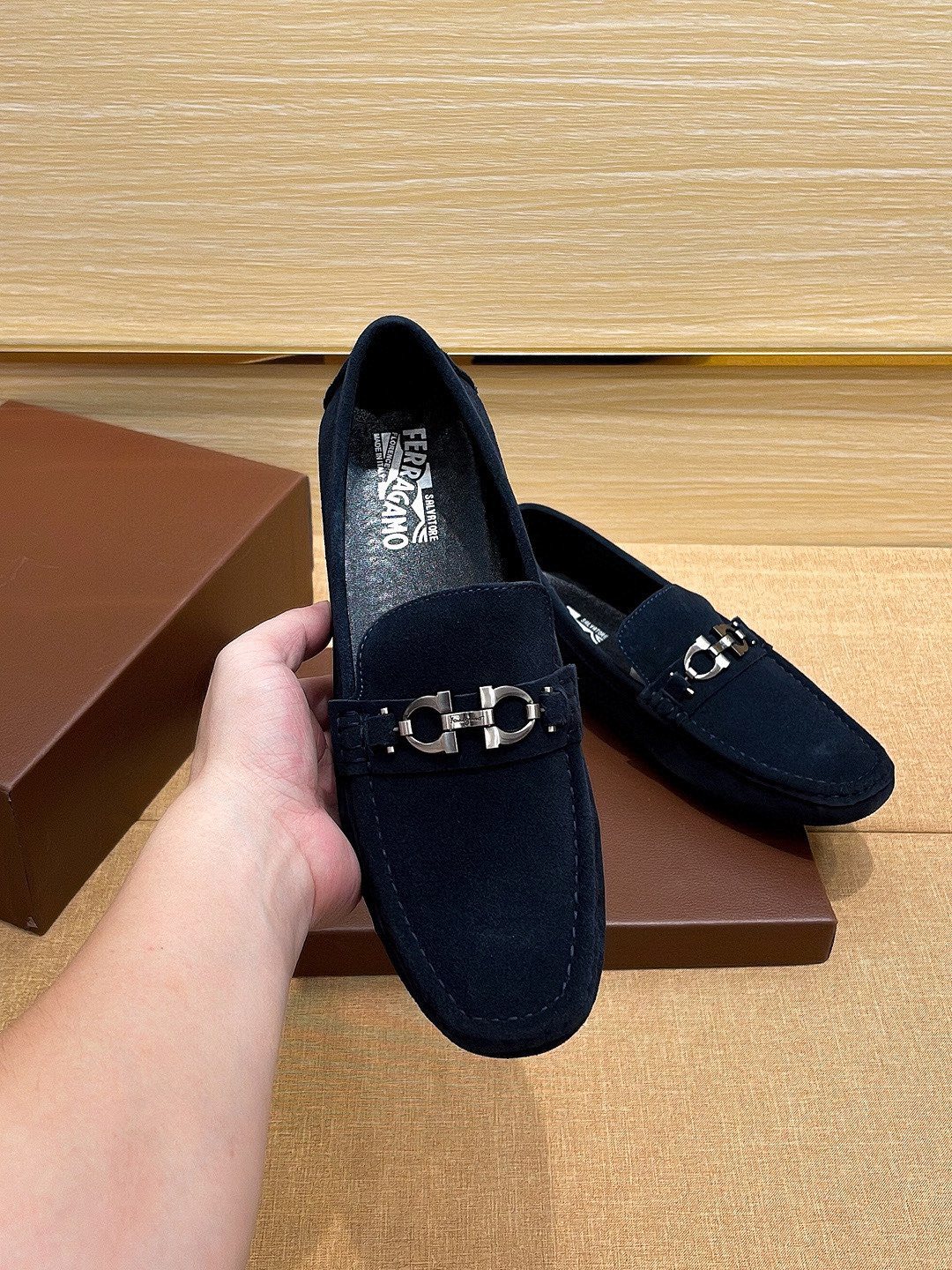 Ferragamo Taupe Bit Loafers — model