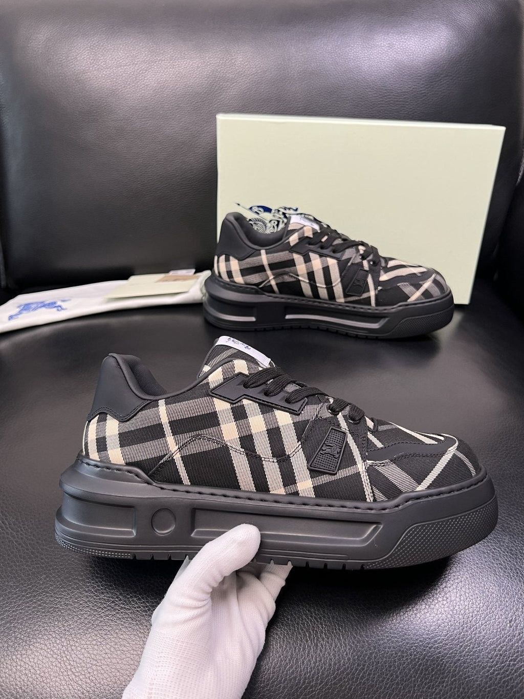 Burberry Black Beige Plaid Low-Top Sneakers — side