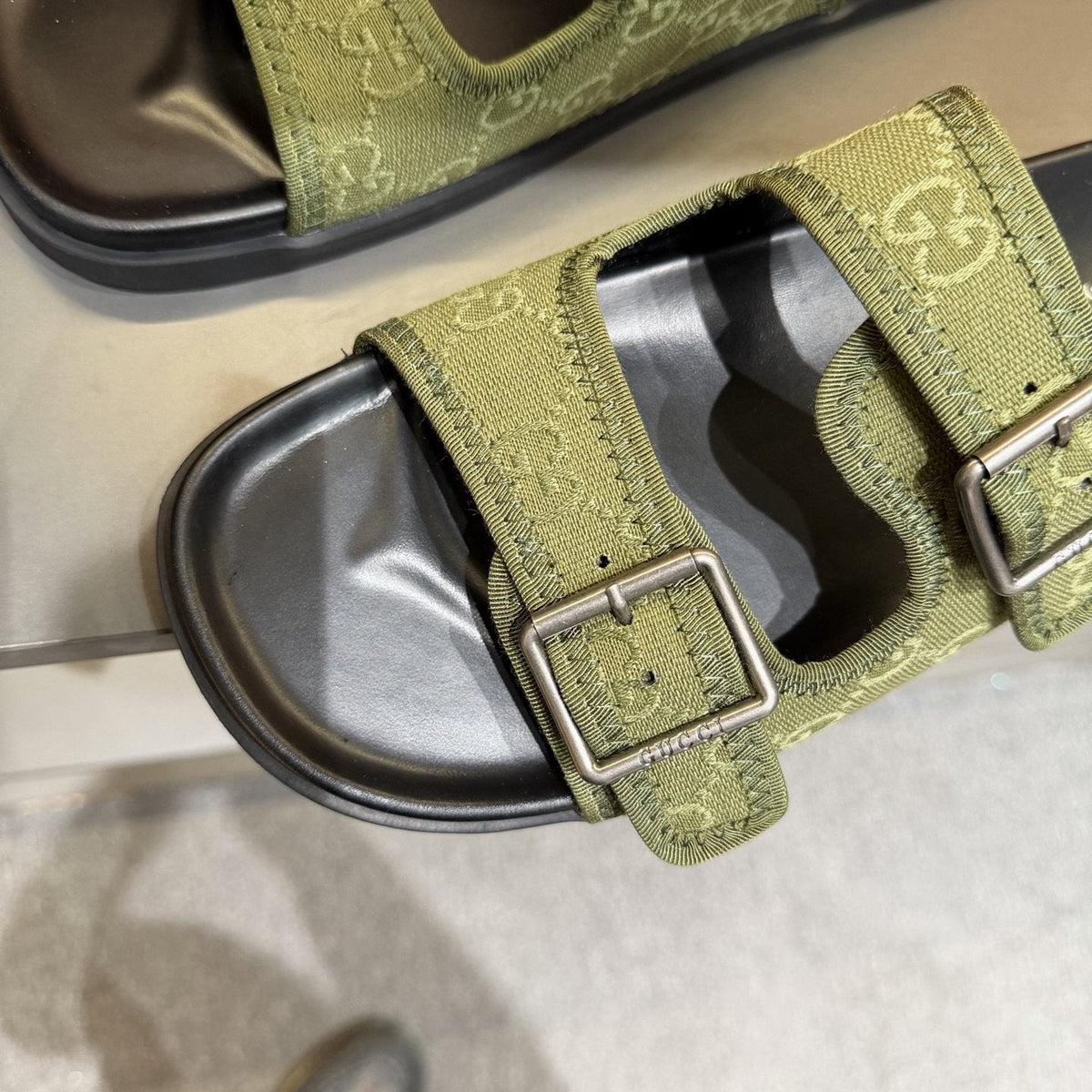 Gucci Double-Buckle Monogram Slide Sandals — front
