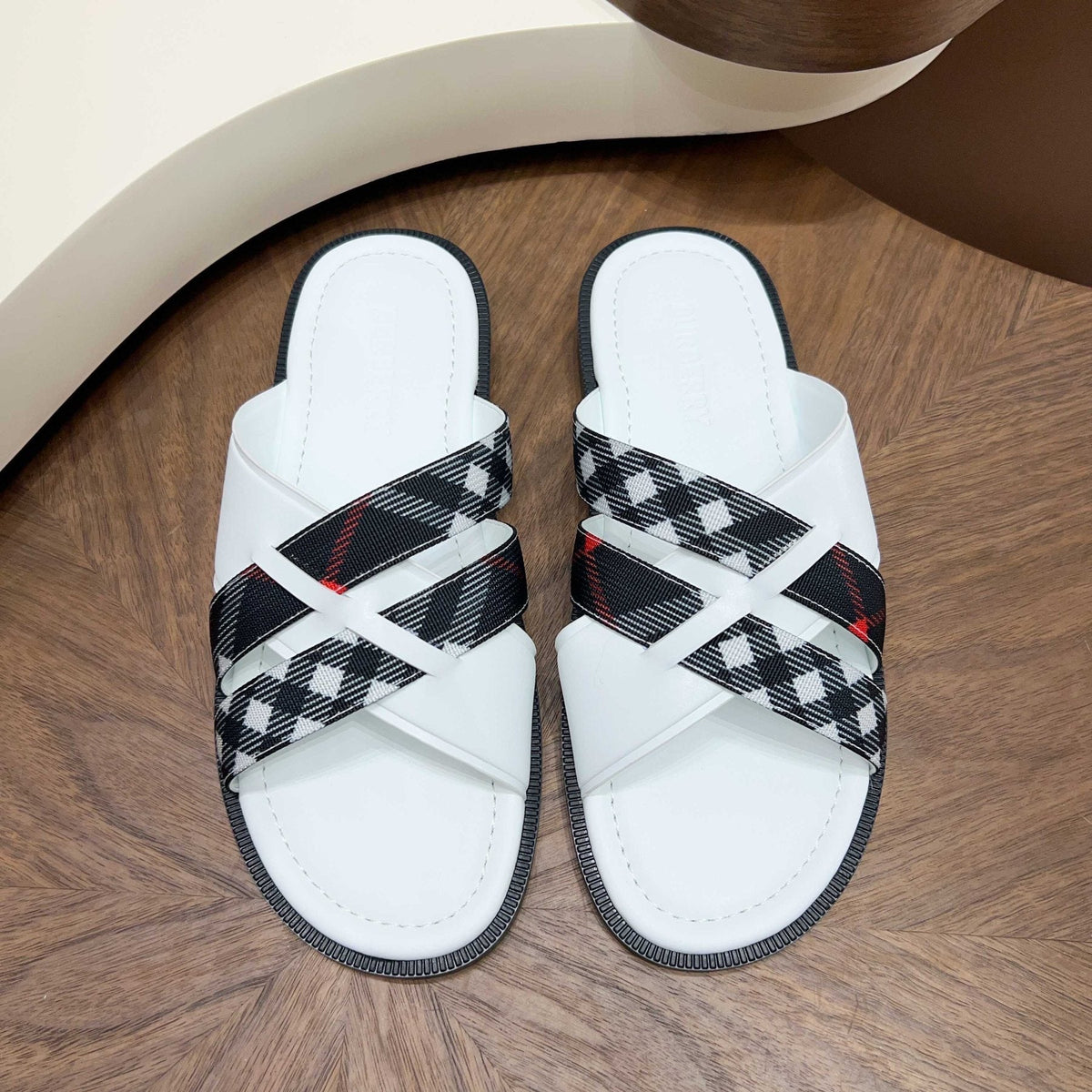 Burberry Plaid Cross-Strap Slide Sandals — front