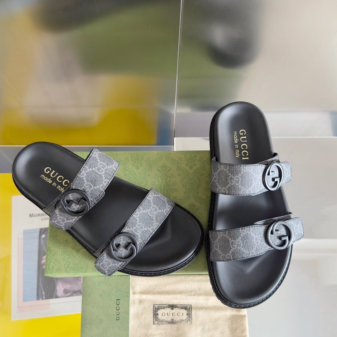 Gucci Gray Monogram Slide Sandals — front