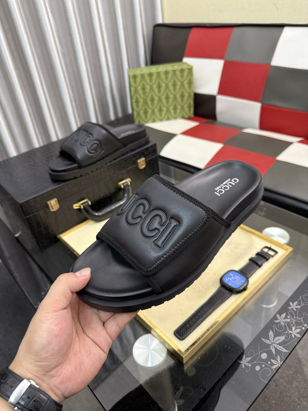 Gucci Embossed Strap Slide Sandals — model