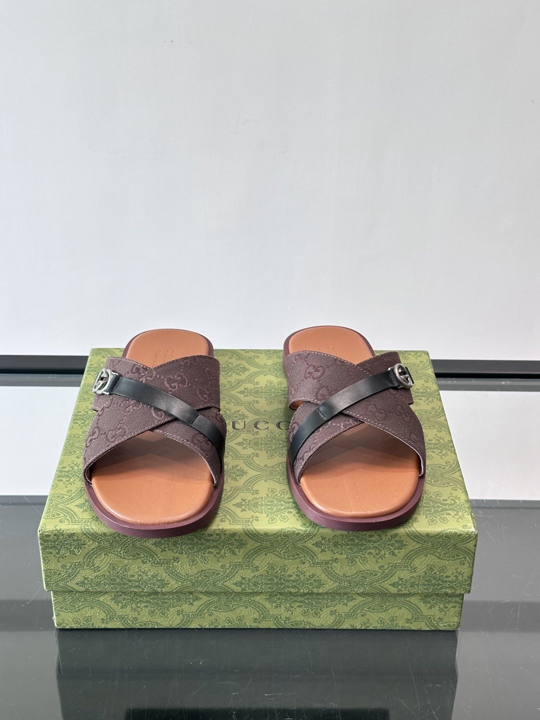 Gucci Gray and Black Cross-Strap Slide Sandals — front