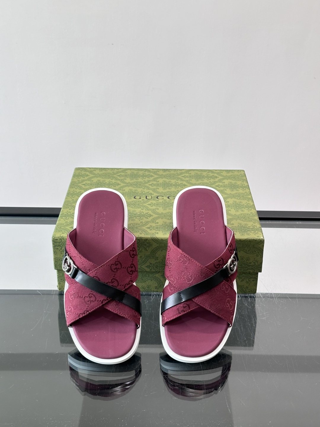 Gucci Gray and Black Cross-Strap Slide Sandals — front