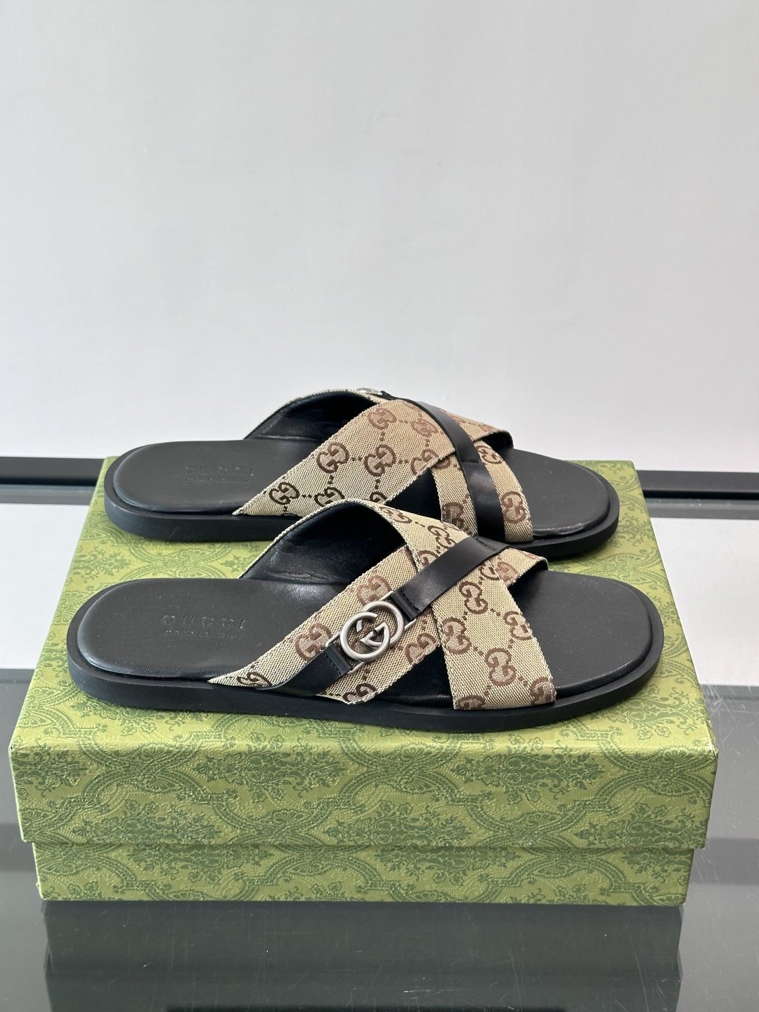 Gucci Gray and Black Cross-Strap Slide Sandals — front