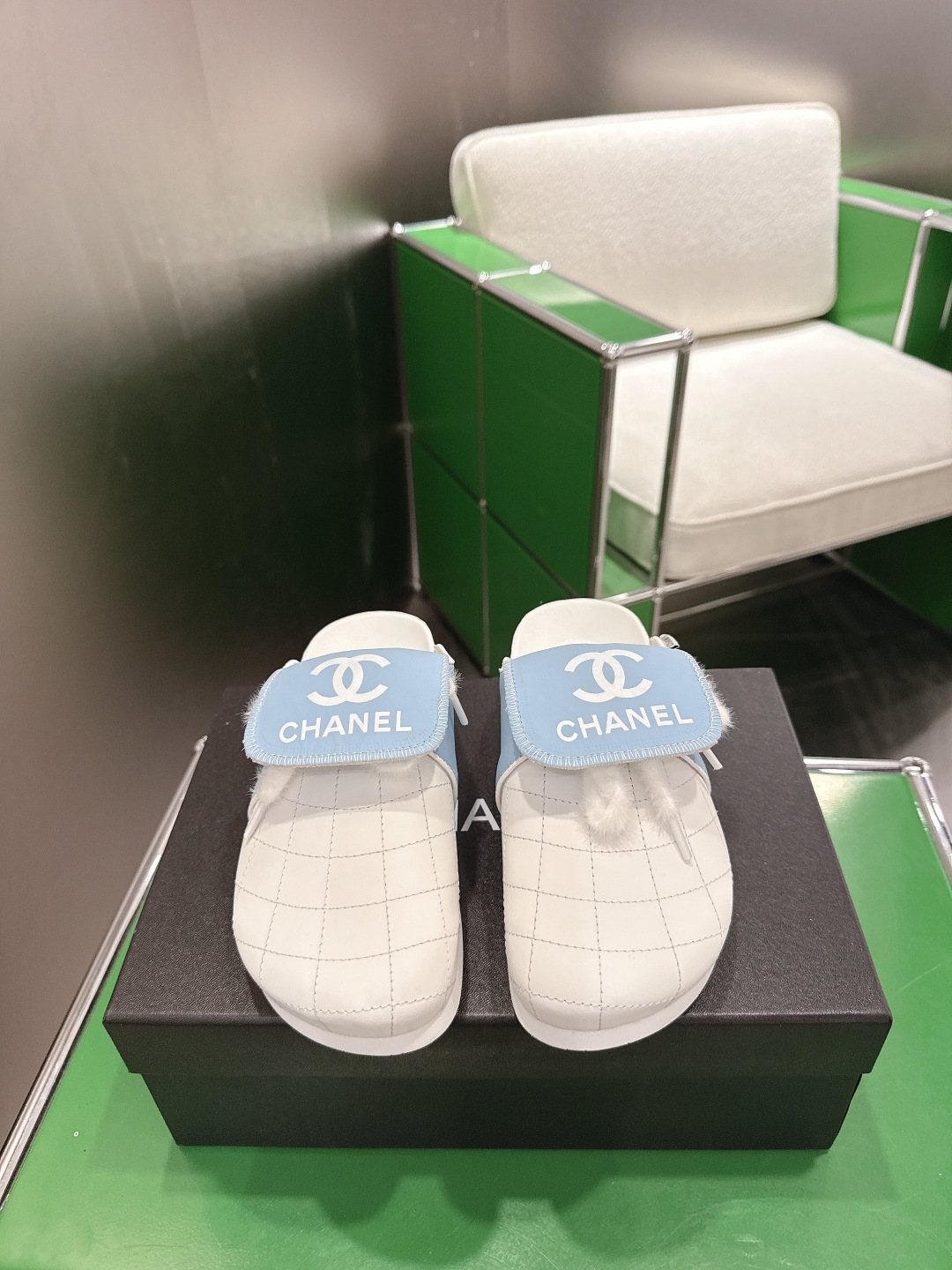 Chanel Quilted Closed-Toe Slide Sandals — front