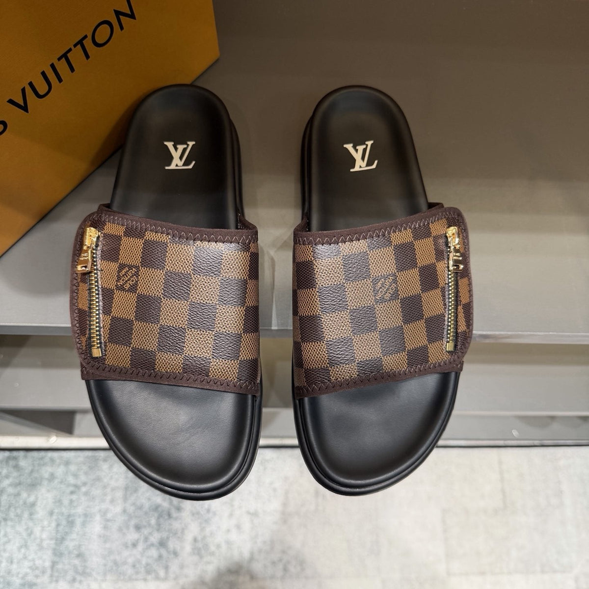 Louis Vuitton Checkered Zipper Slide Sandals — front
