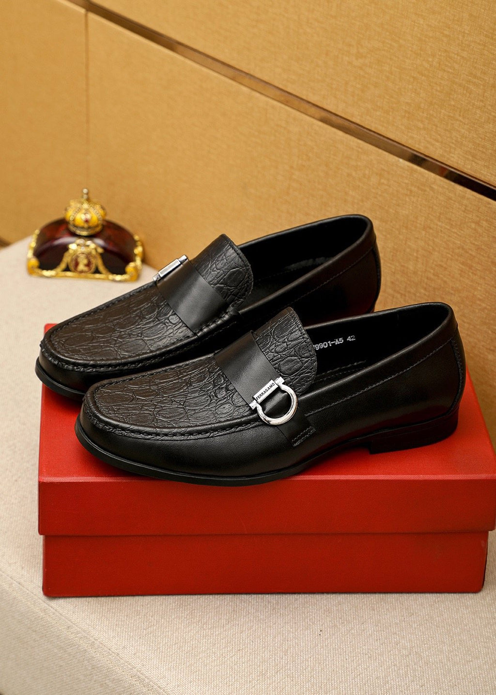 Ferragamo Textured Metal Bit Leather Loafers — model