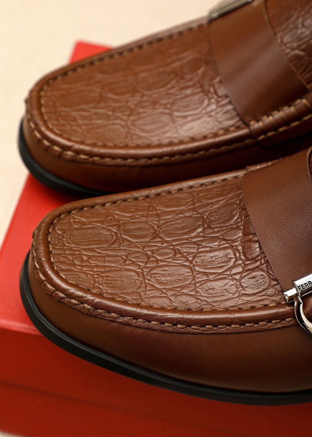 Ferragamo Textured Metal Bit Leather Loafers — detail