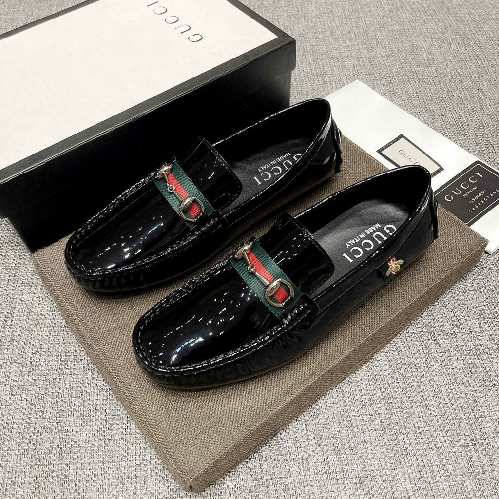 Gucci Black Web Stripe Loafers — front