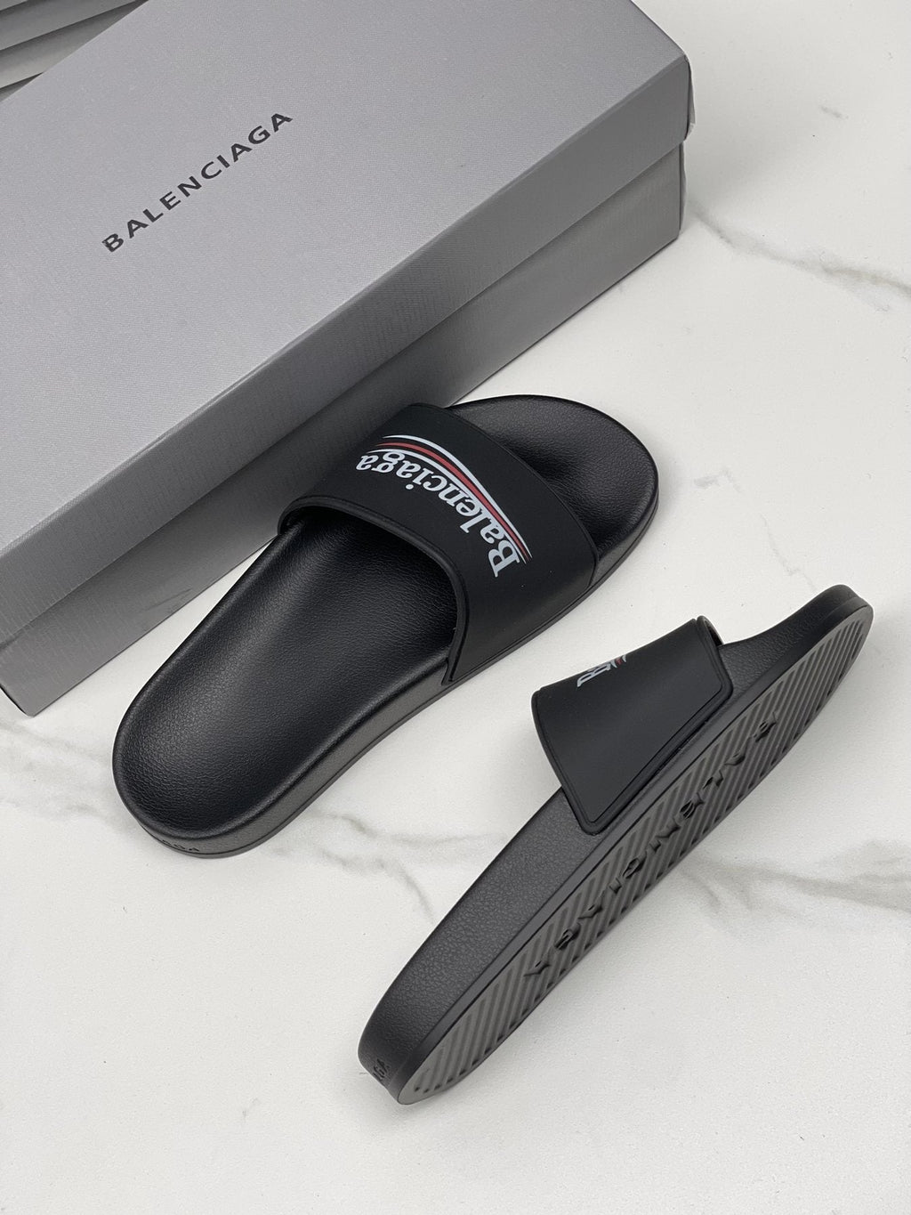 Balenciaga Logo Stripe Slide Sandals — side