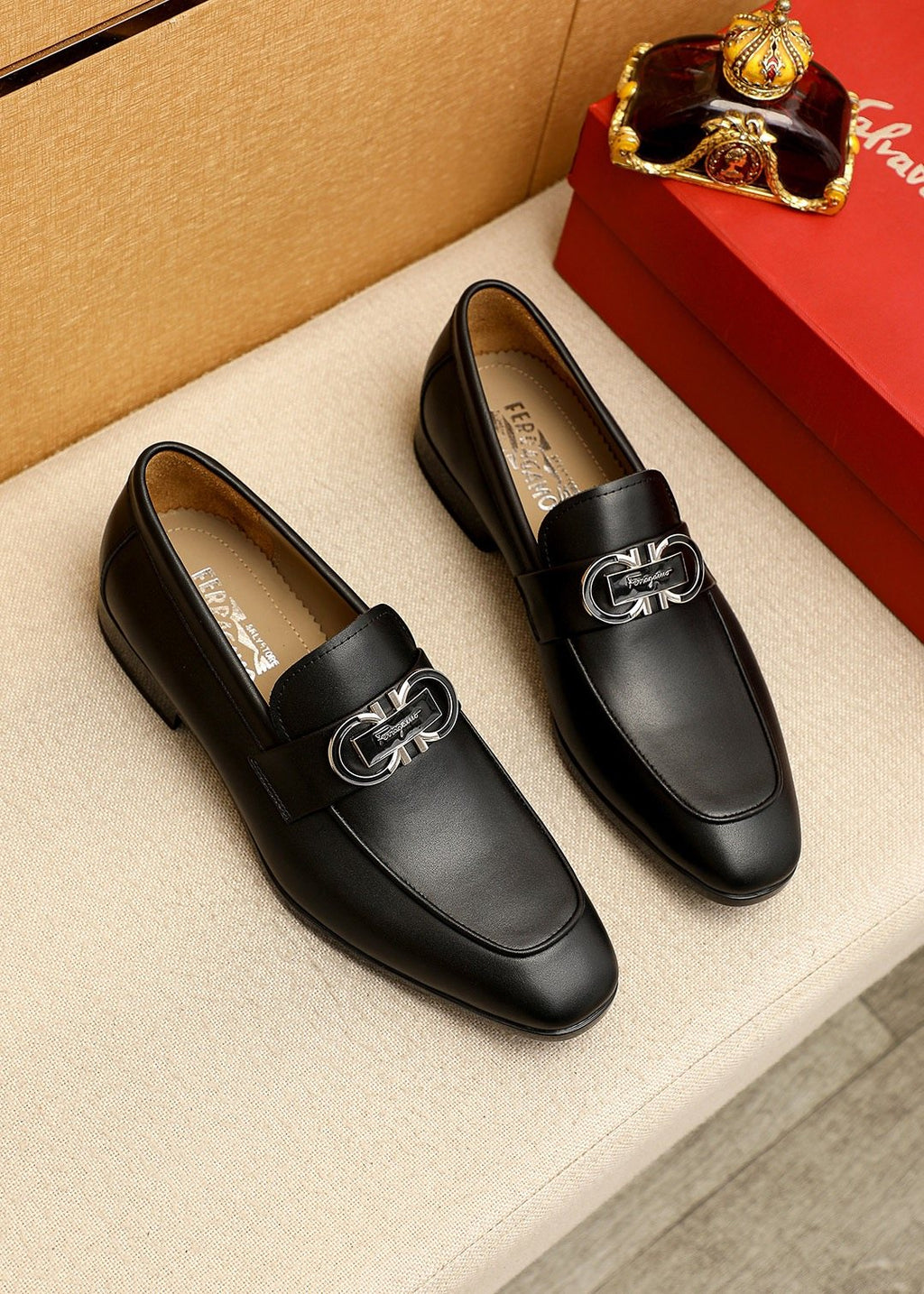 Ferragamo Black Hardware Loafers — hero