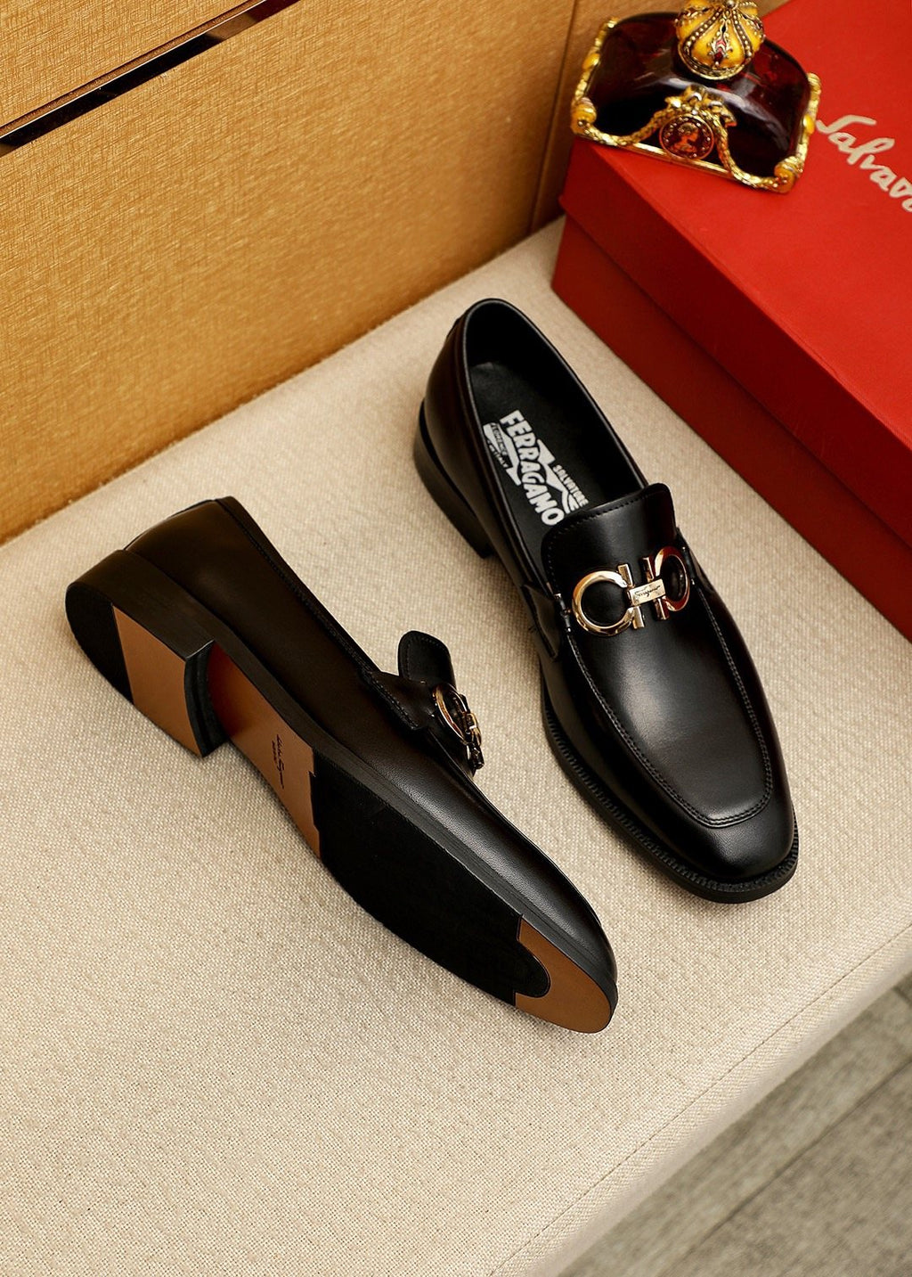 Ferragamo Black Metal Buckle Loafers — front