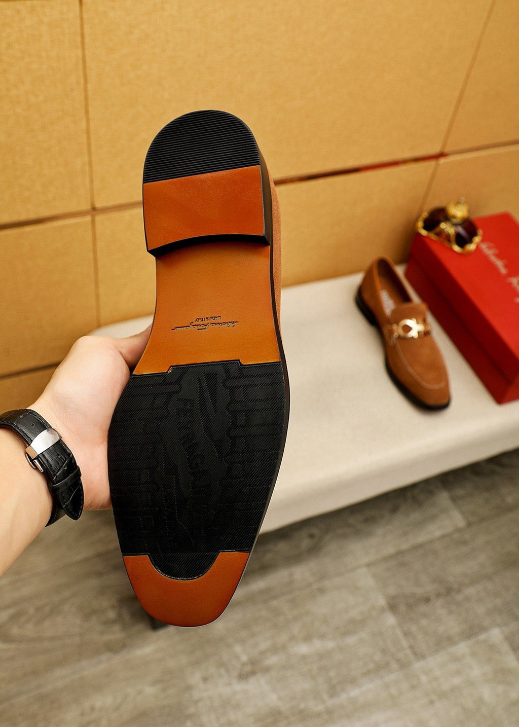 Ferragamo Black Metal Buckle Loafers — model