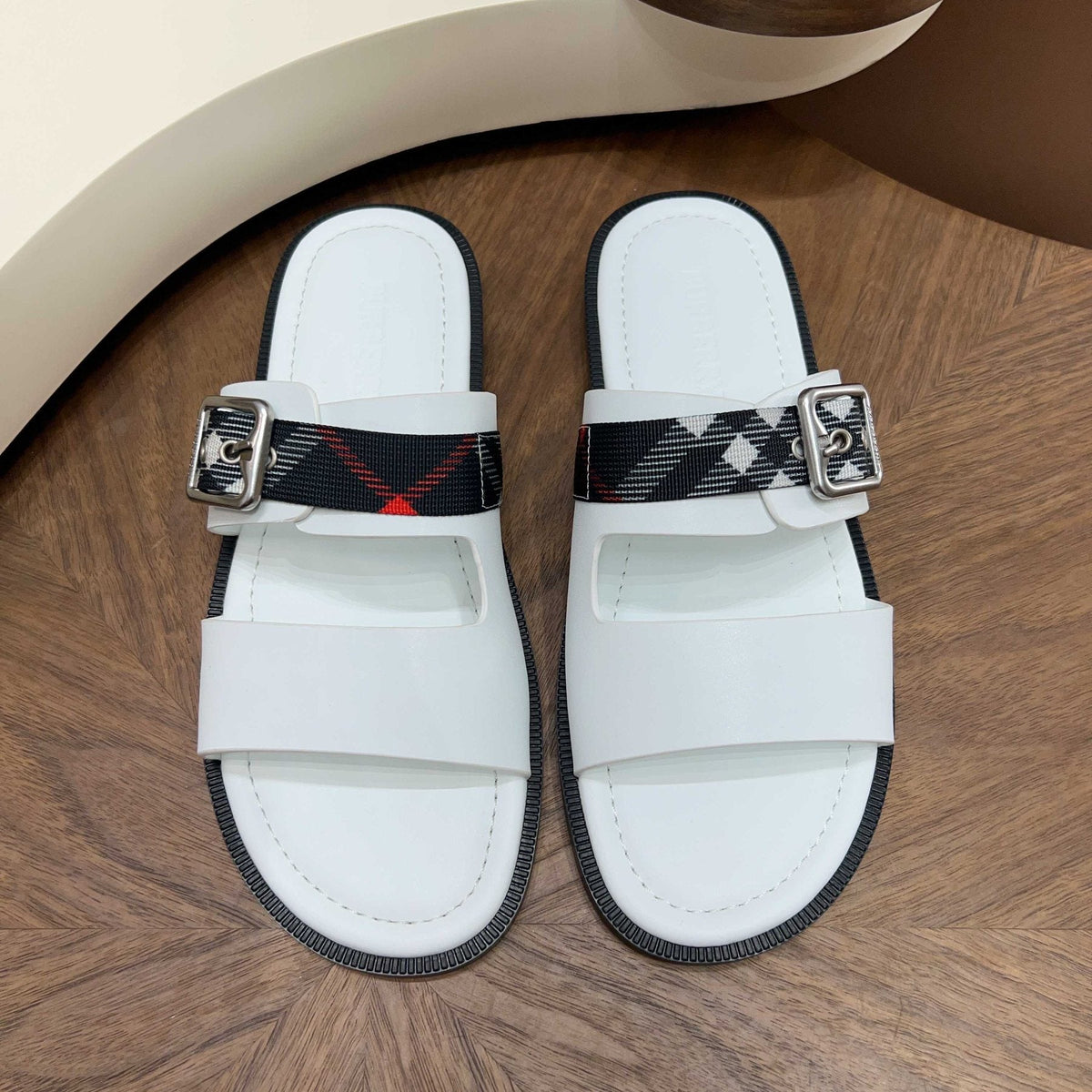 Burberry Plaid Buckle Slide Sandals — front