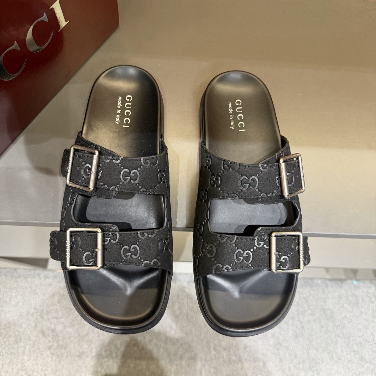 Gucci Two-Buckle Monogram Slide Sandals — front