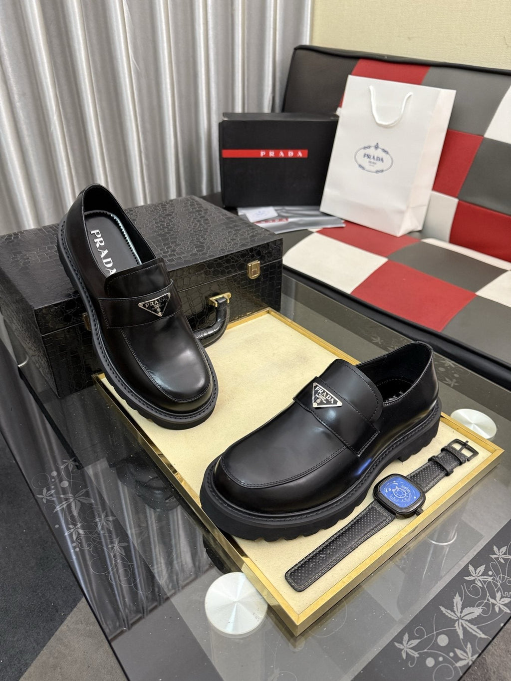 Prada Black Plaque Strap Loafers — front