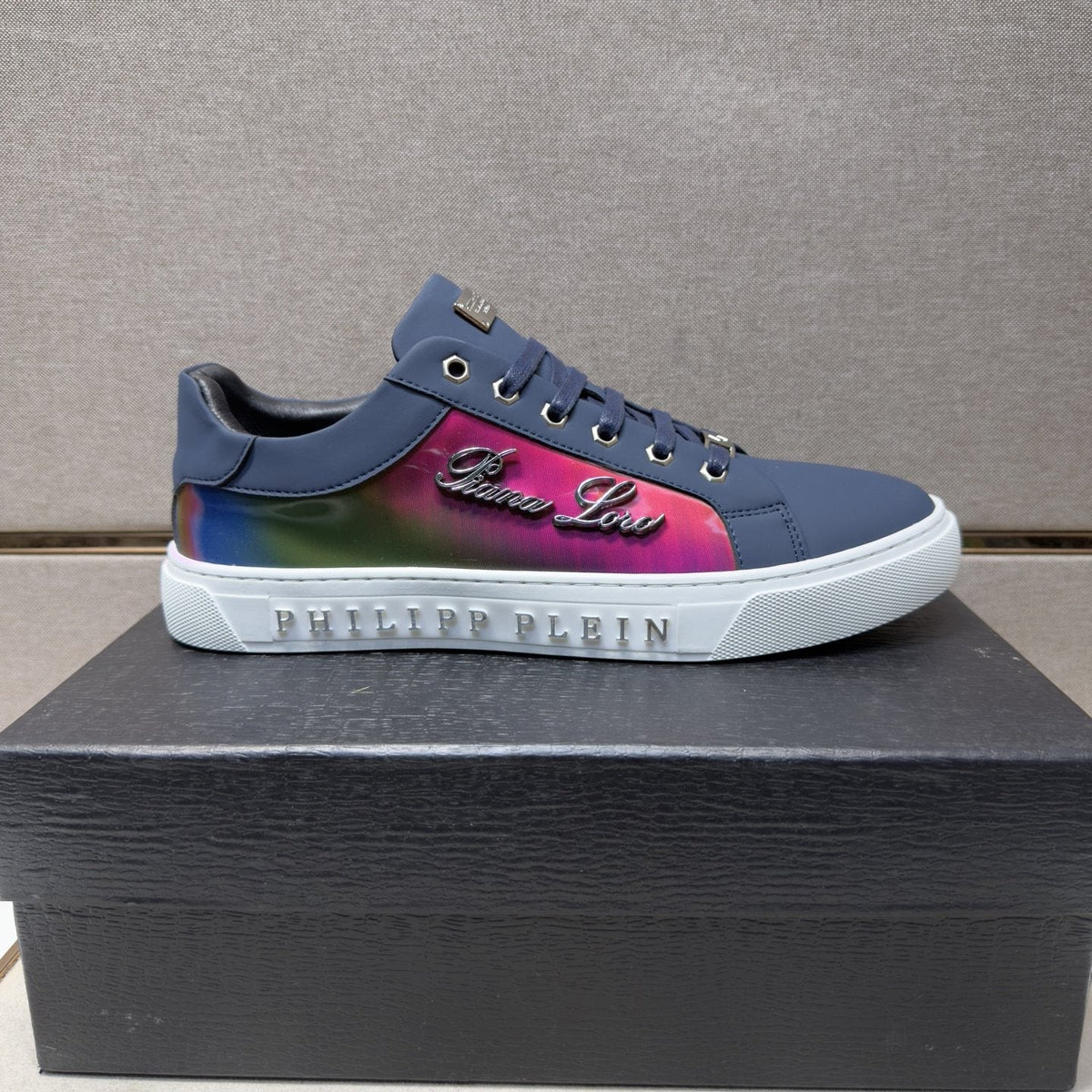 Philipp Plein Navy Iridescent Panel Sneakers — hero