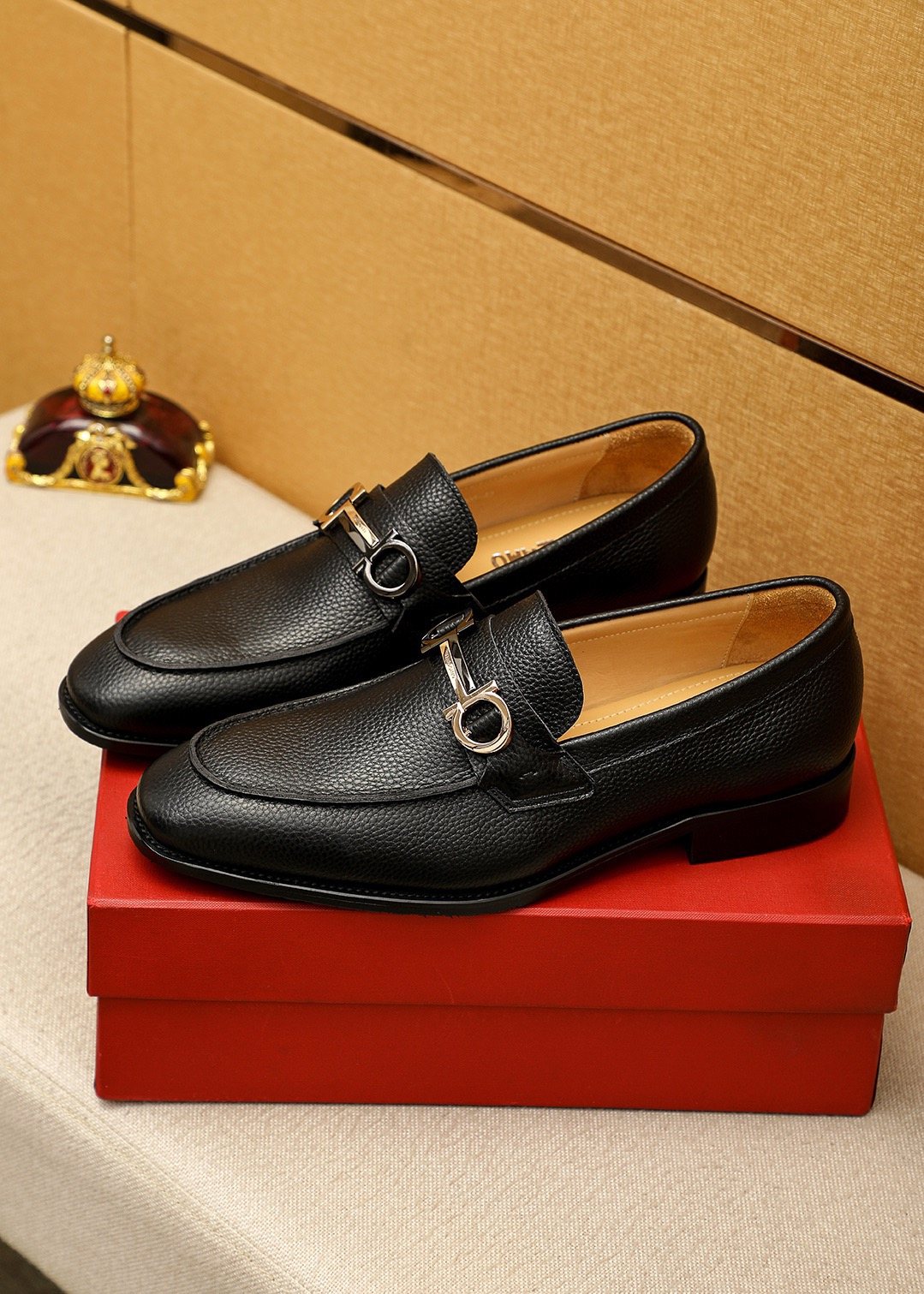 Ferragamo Pebble Leather Buckle Loafers — front