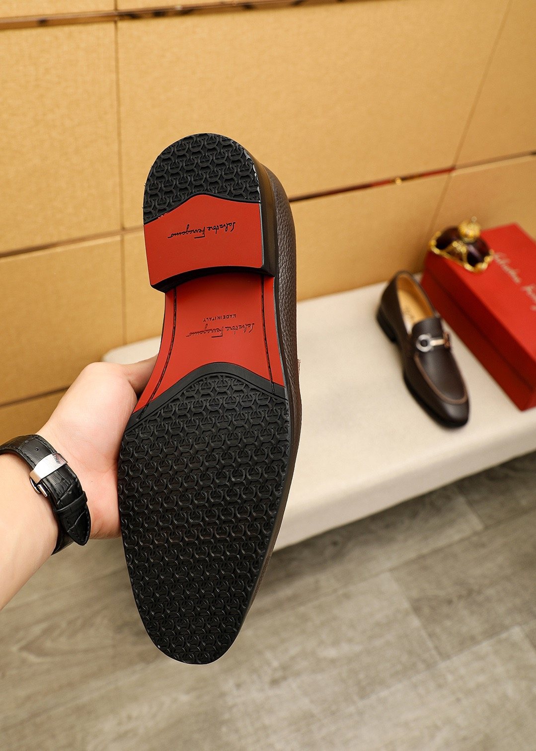 Ferragamo Pebble Leather Buckle Loafers — detail