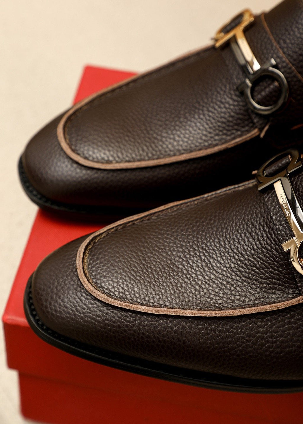 Ferragamo Pebble Leather Buckle Loafers — detail
