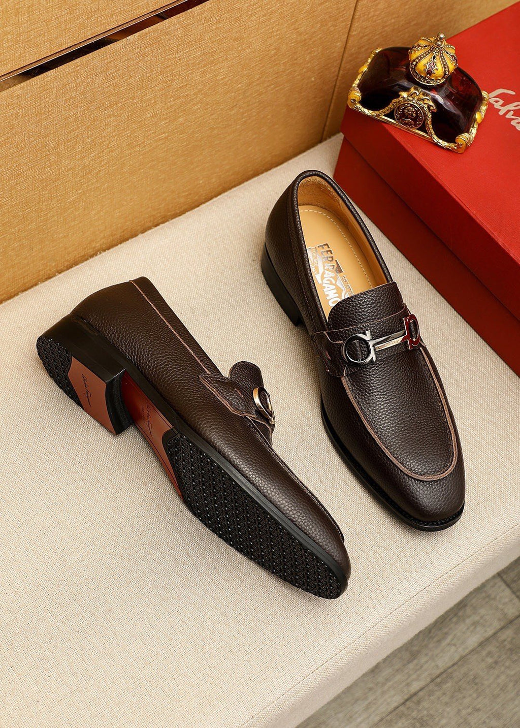 Ferragamo Pebble Leather Buckle Loafers — front