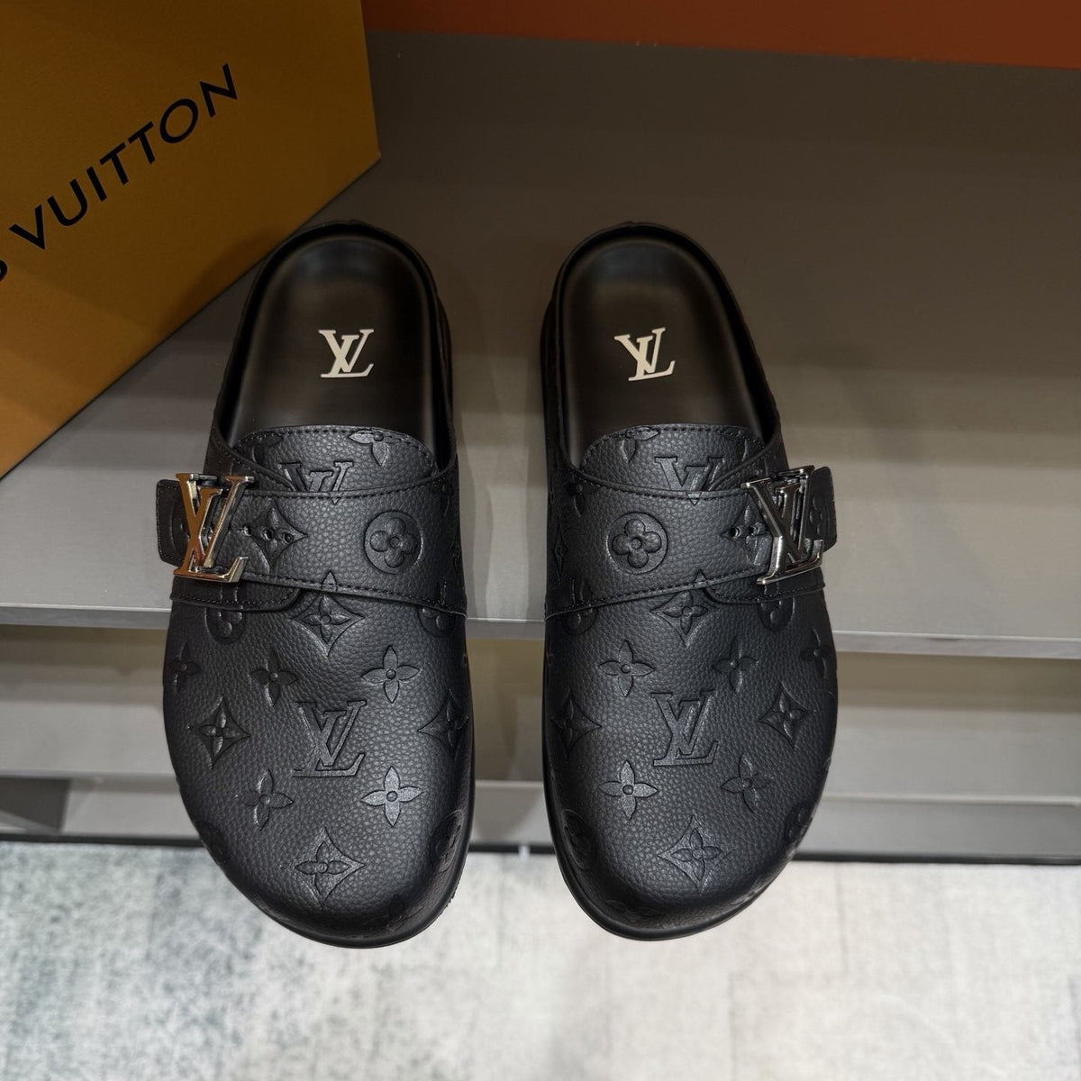 Louis Vuitton Monogram Buckle Slide Sandals — front