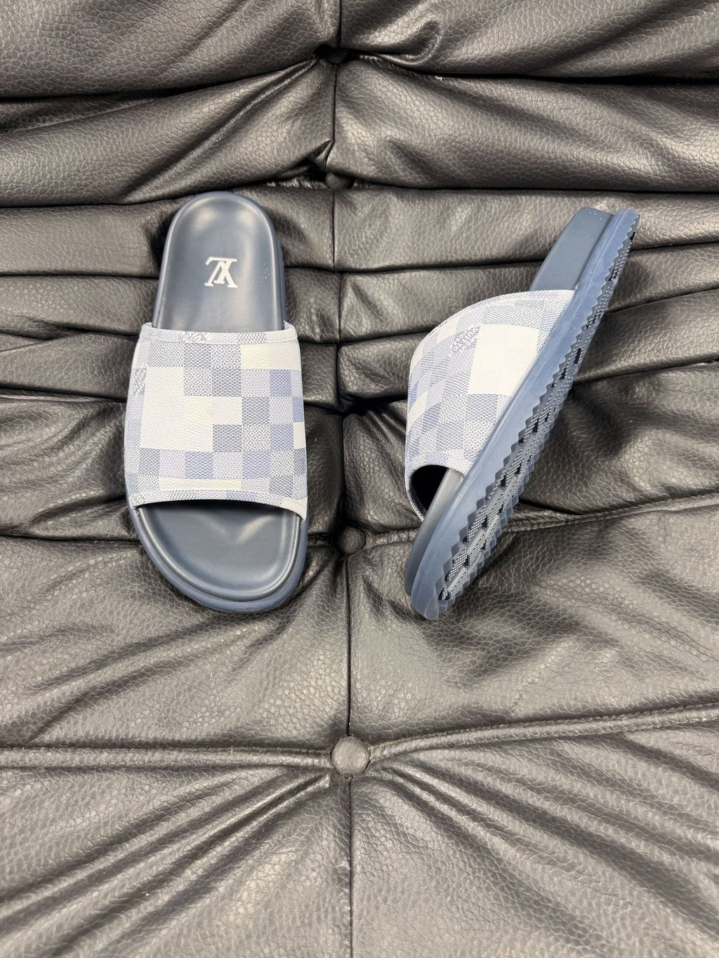 Louis Vuitton Slate Blue Checkered Slide Sandals — side