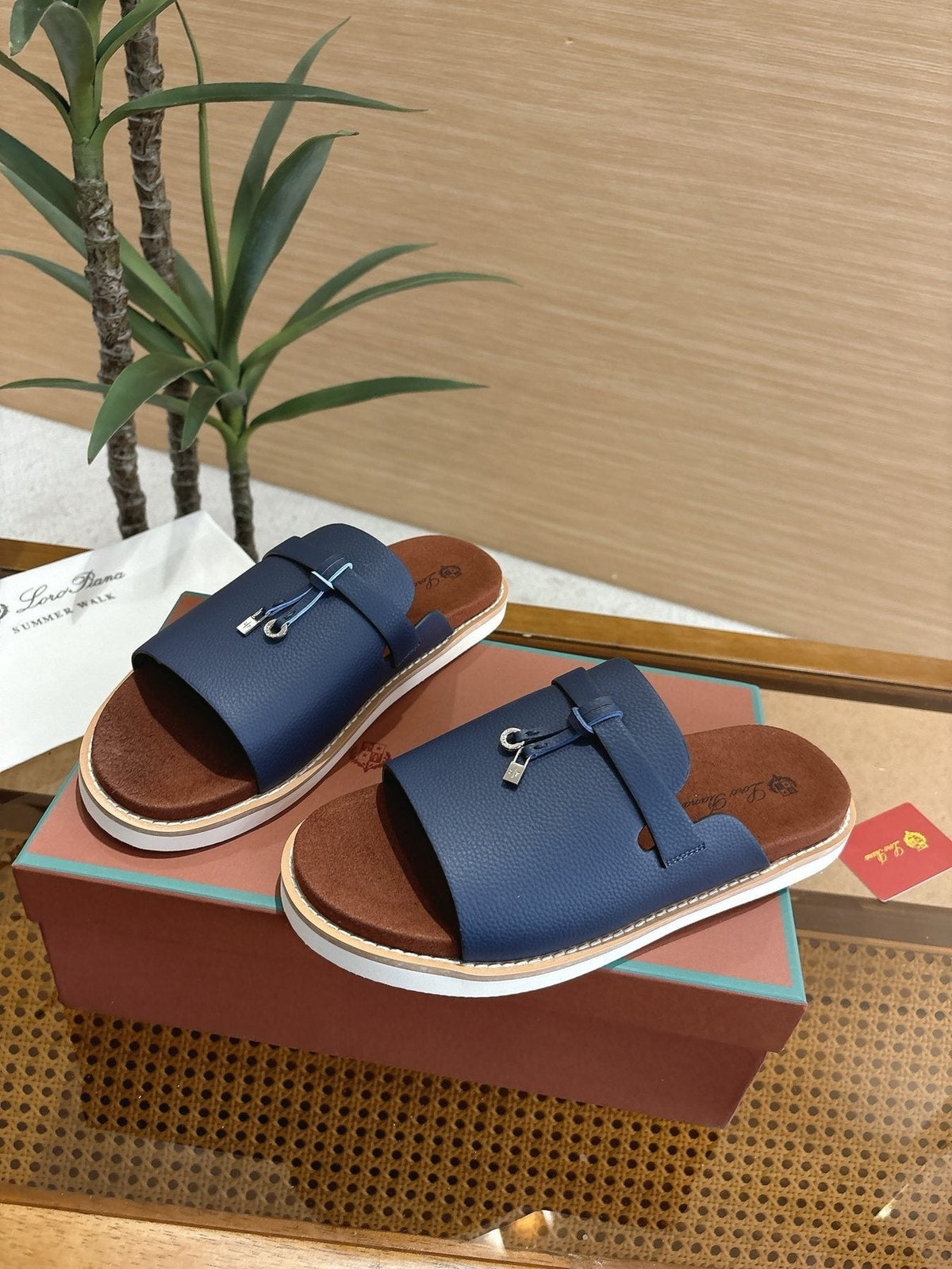 Loro Piana Navy Blue Crisscross Slide Sandals — front