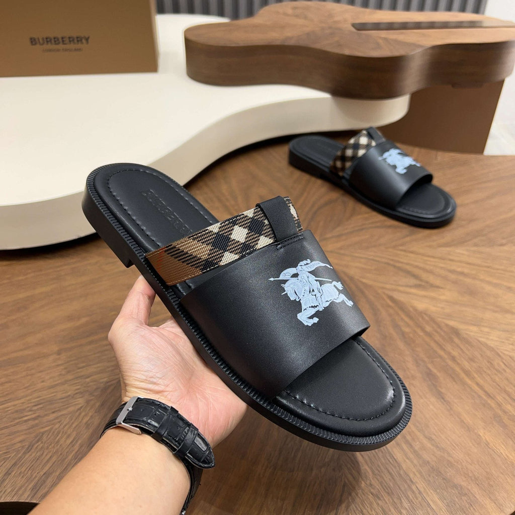 Burberry Plaid-Trim Slide Sandals — model