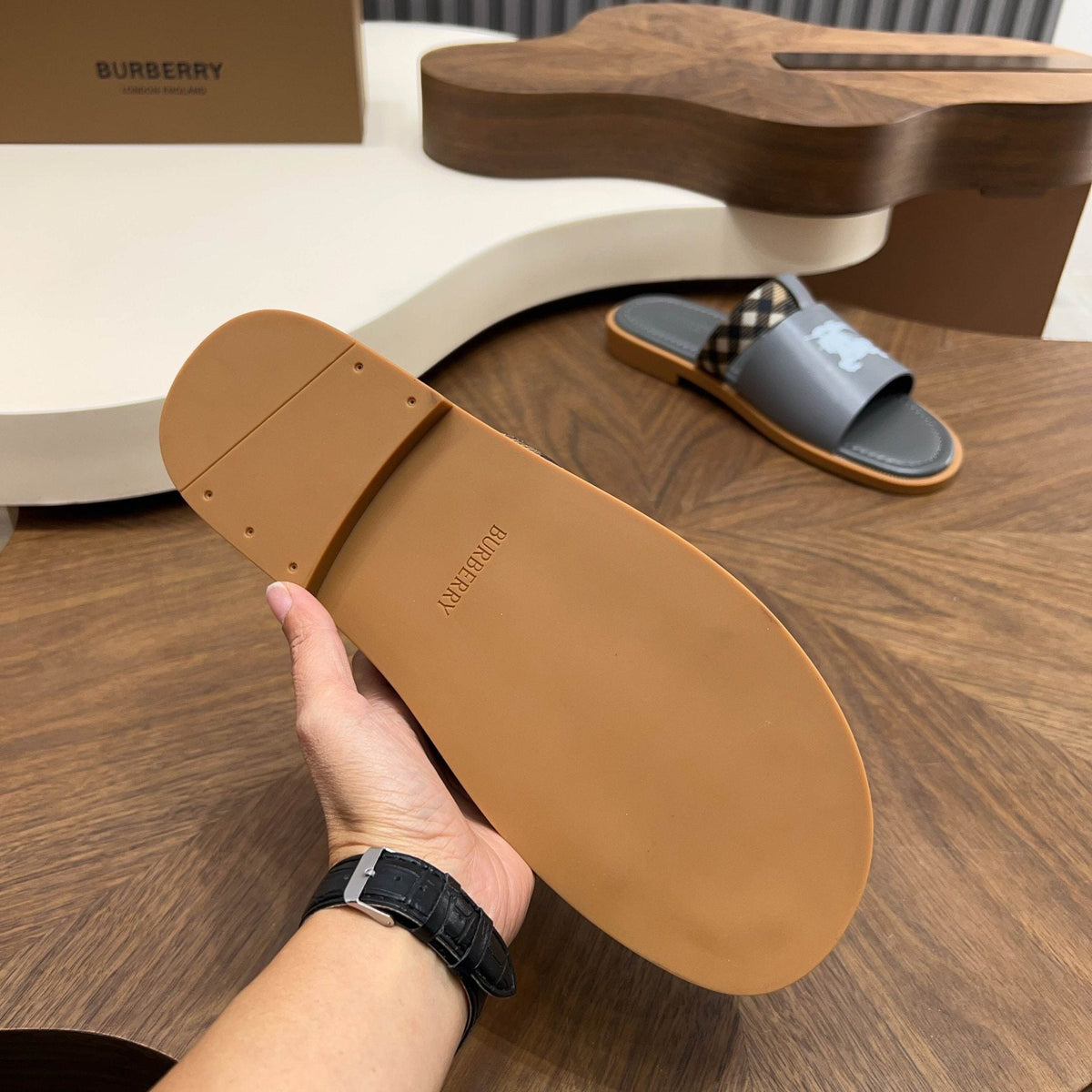 Burberry Plaid-Trim Slide Sandals — side