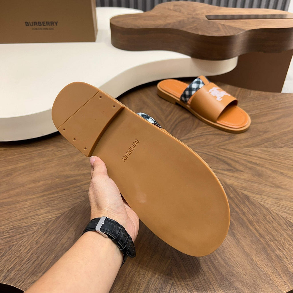 Burberry Plaid-Trim Slide Sandals — side