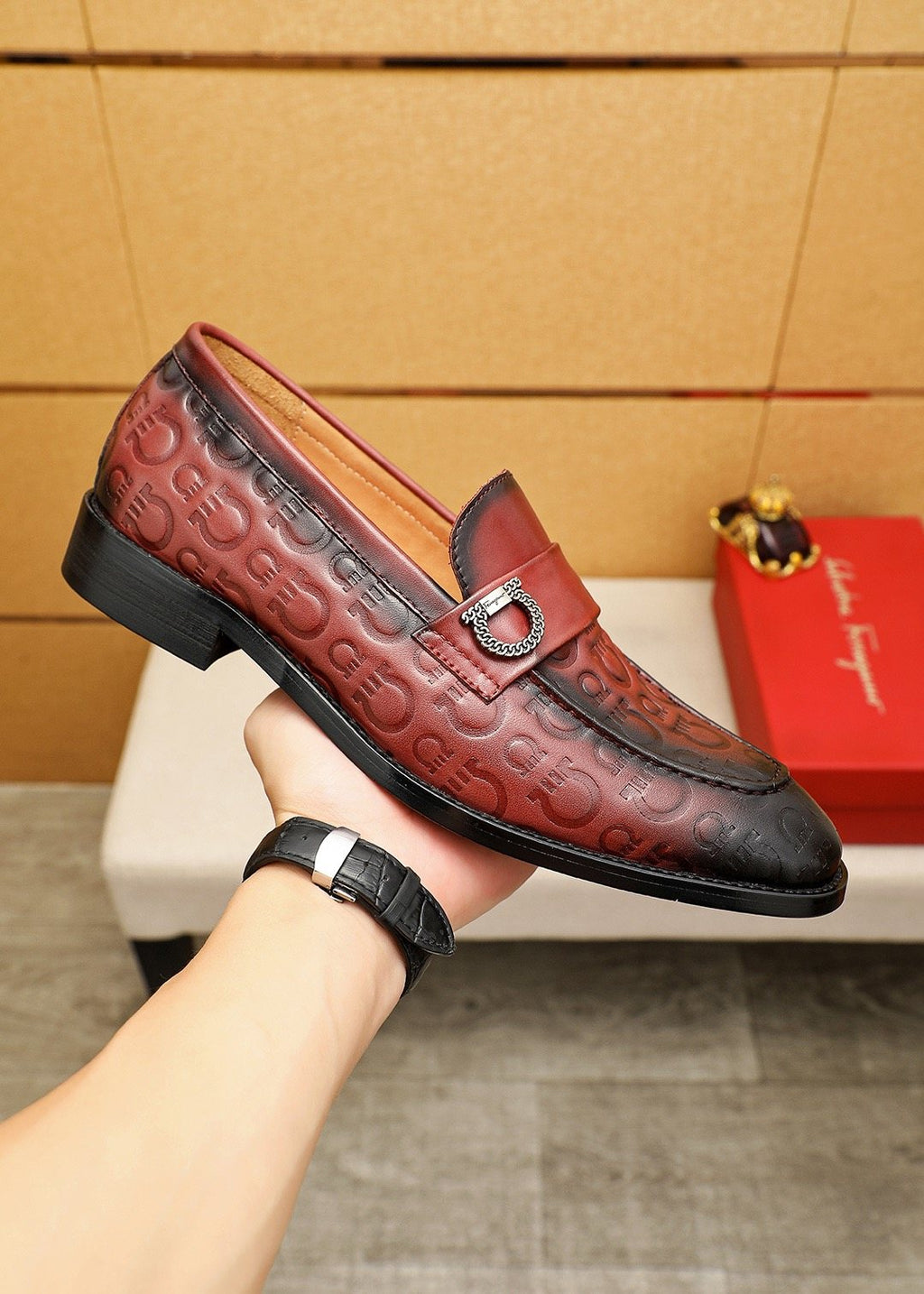 Ferragamo Burgundy Embossed Slip-On Shoes — model