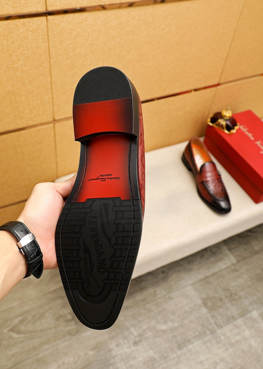 Ferragamo Burgundy Embossed Slip-On Shoes — detail