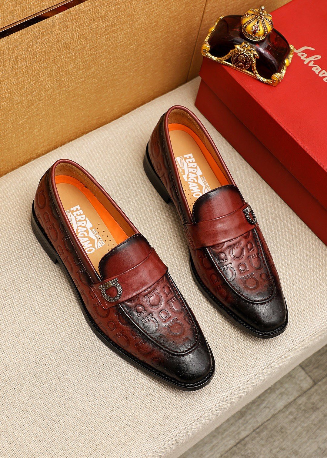 Ferragamo Burgundy Embossed Slip-On Shoes — hero