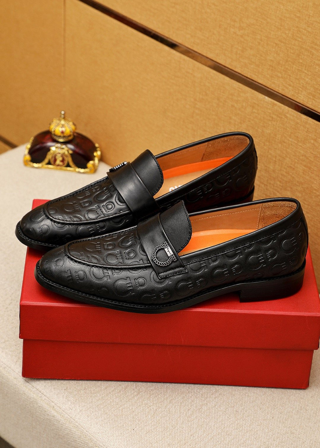 Ferragamo Burgundy Embossed Slip-On Shoes — front