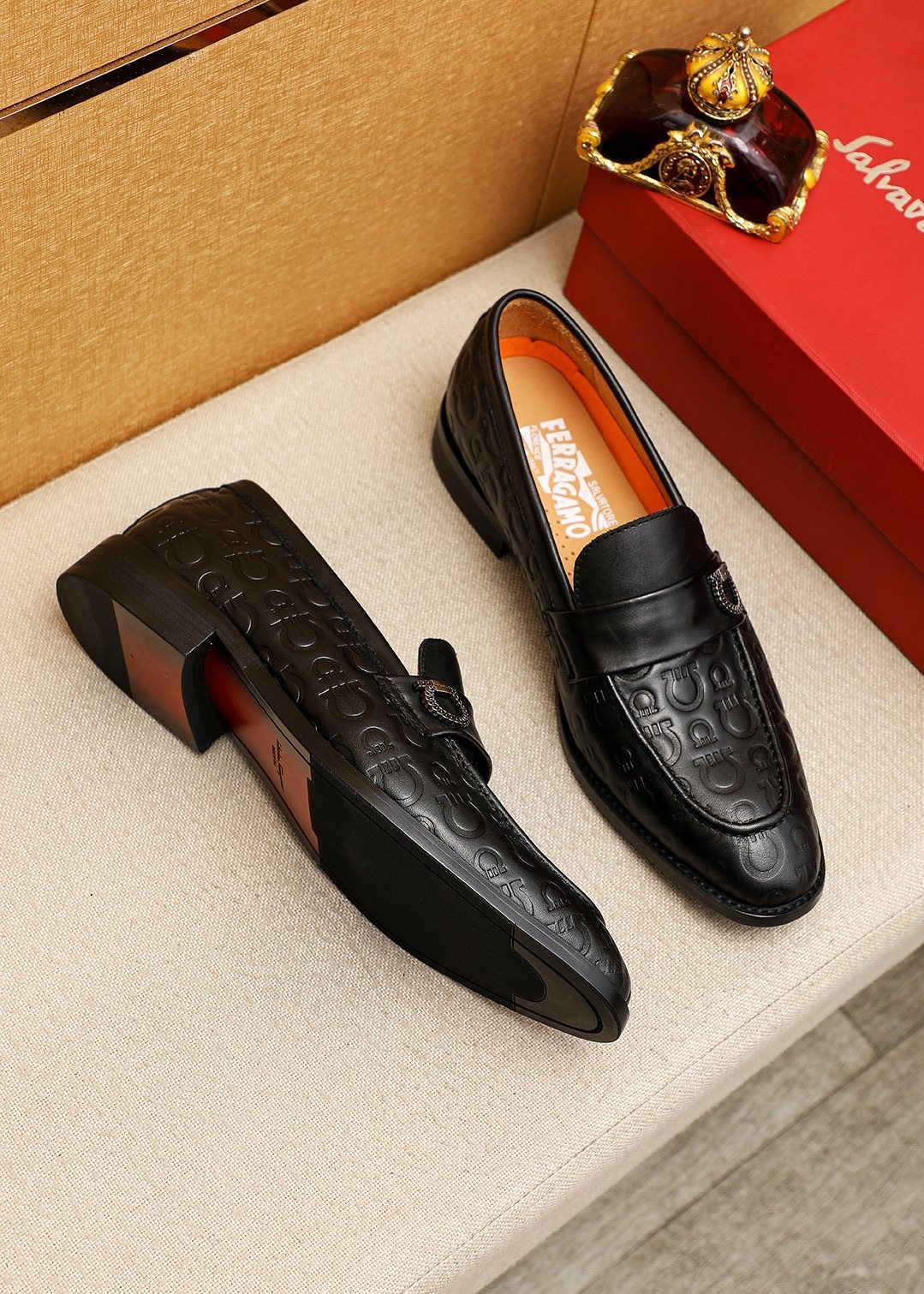 Ferragamo Burgundy Embossed Slip-On Shoes — side