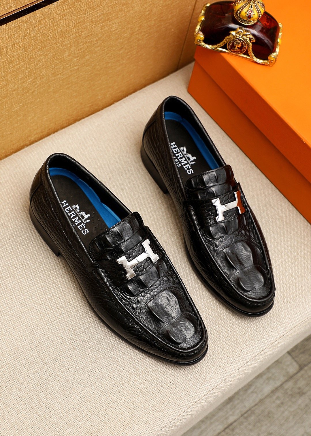 Hermès Textured Metal-Hardware Loafers — front