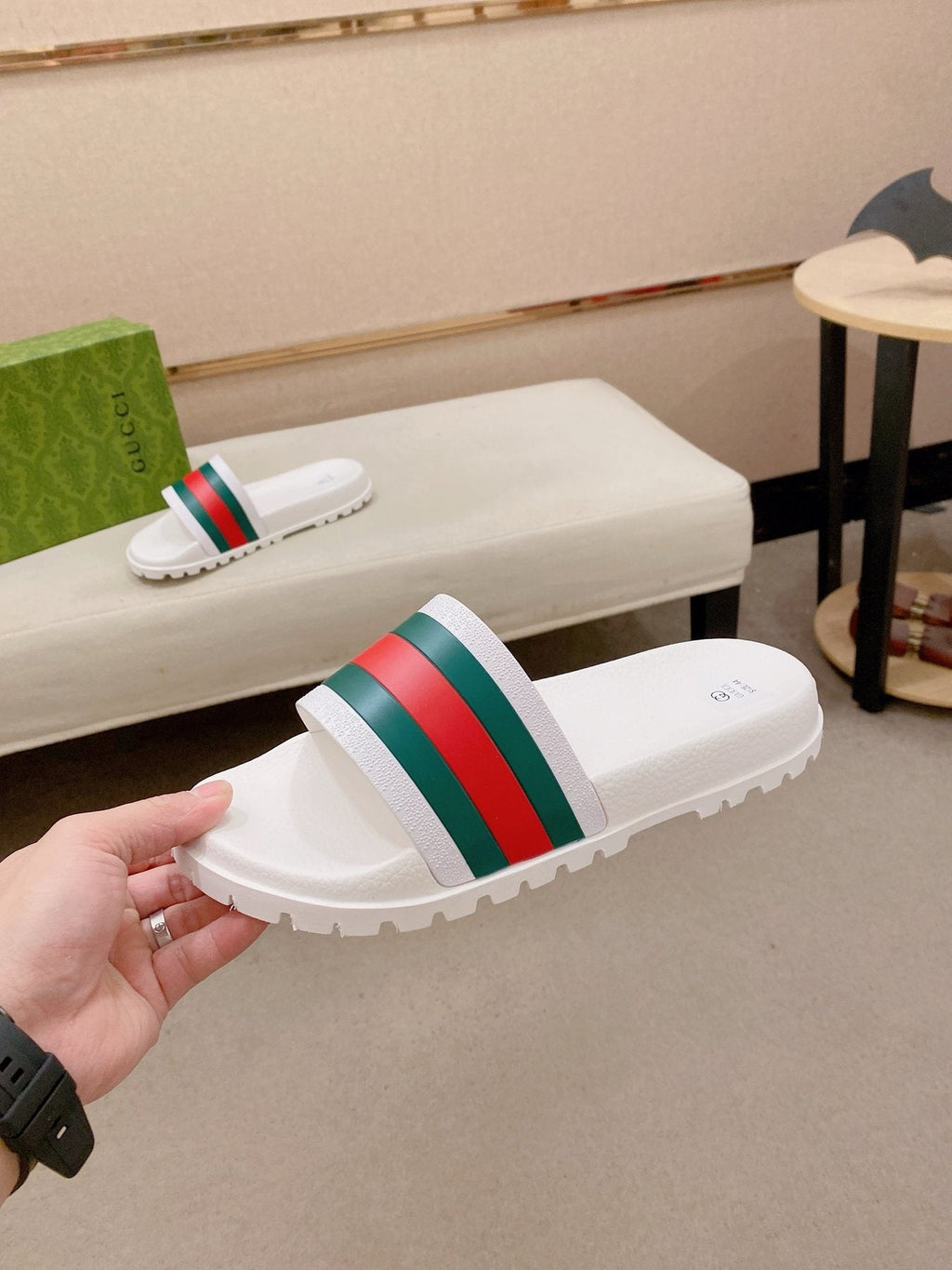Gucci Green-Red Stripe Slide Sandals — side