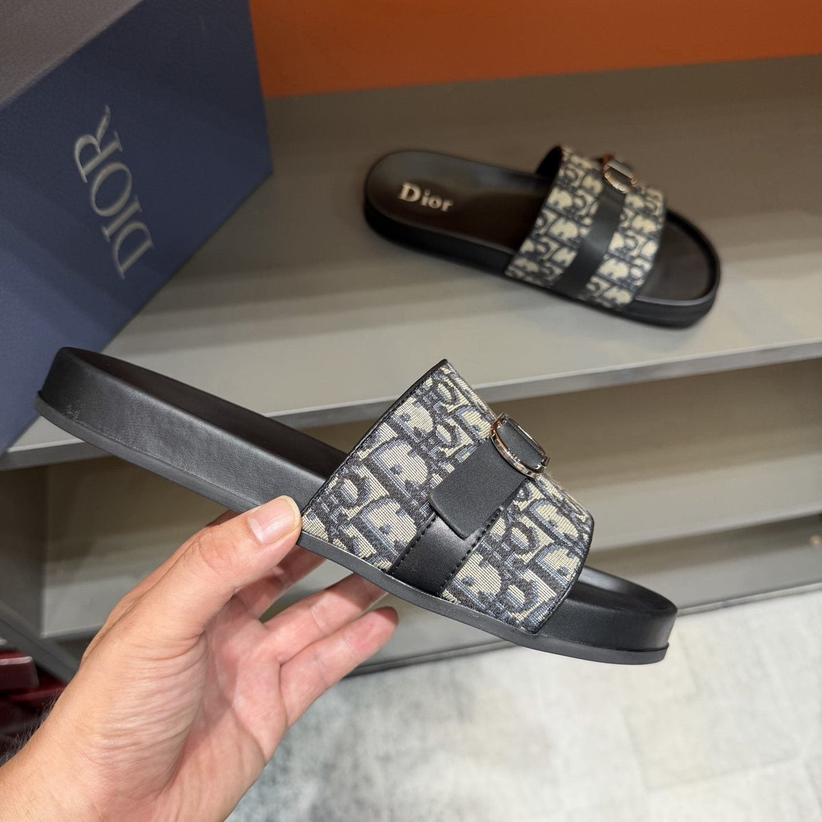 Dior Blue-Gray Pattern Slide Sandals — side