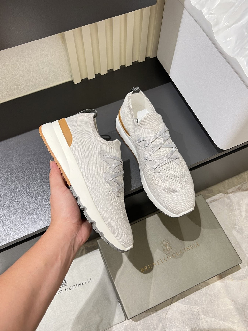 Brunello Cucinelli Color-Block Knit Sneakers — model