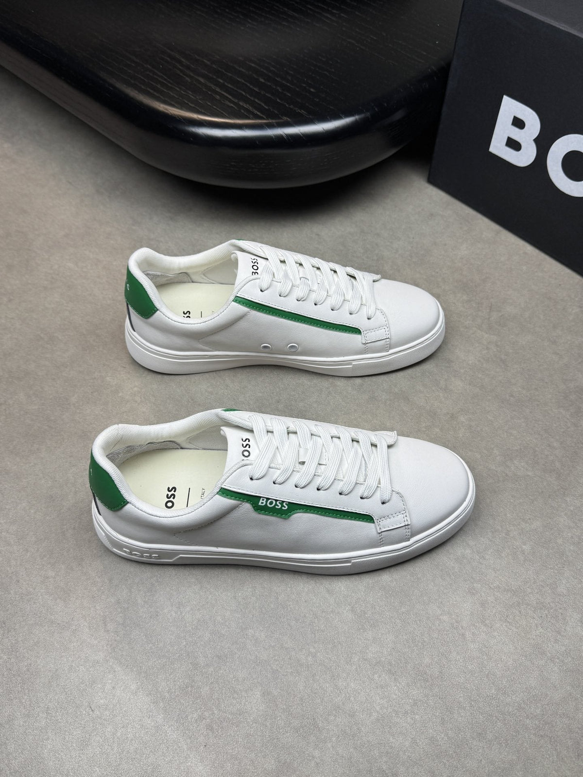 BOSS White Green Low-Top Sneakers — hero