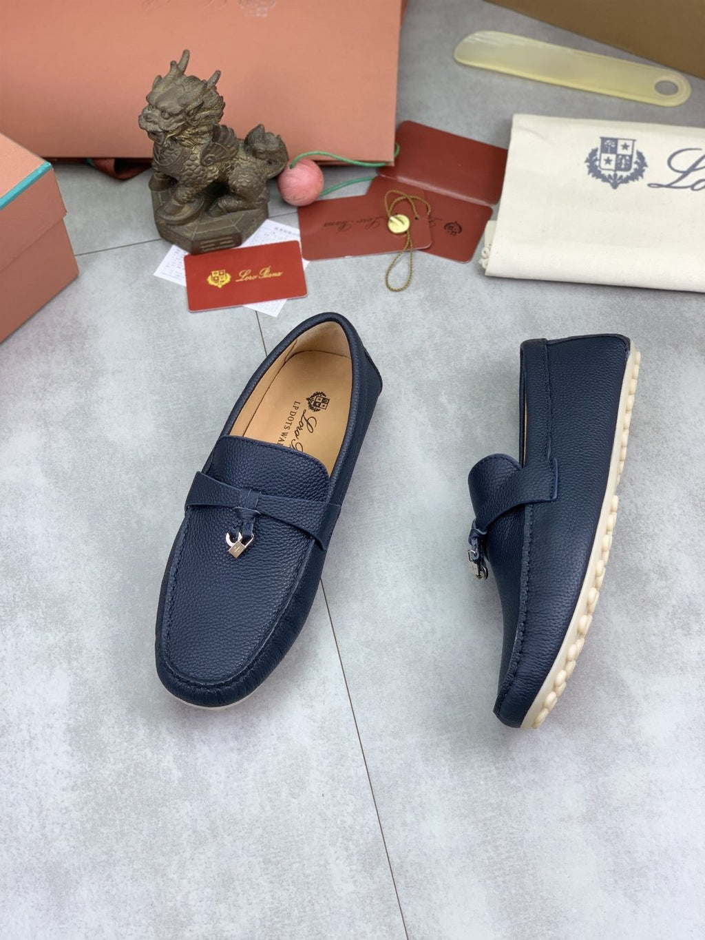 Loro Piana Dark Navy Blue Moc-Toe Loafers — side