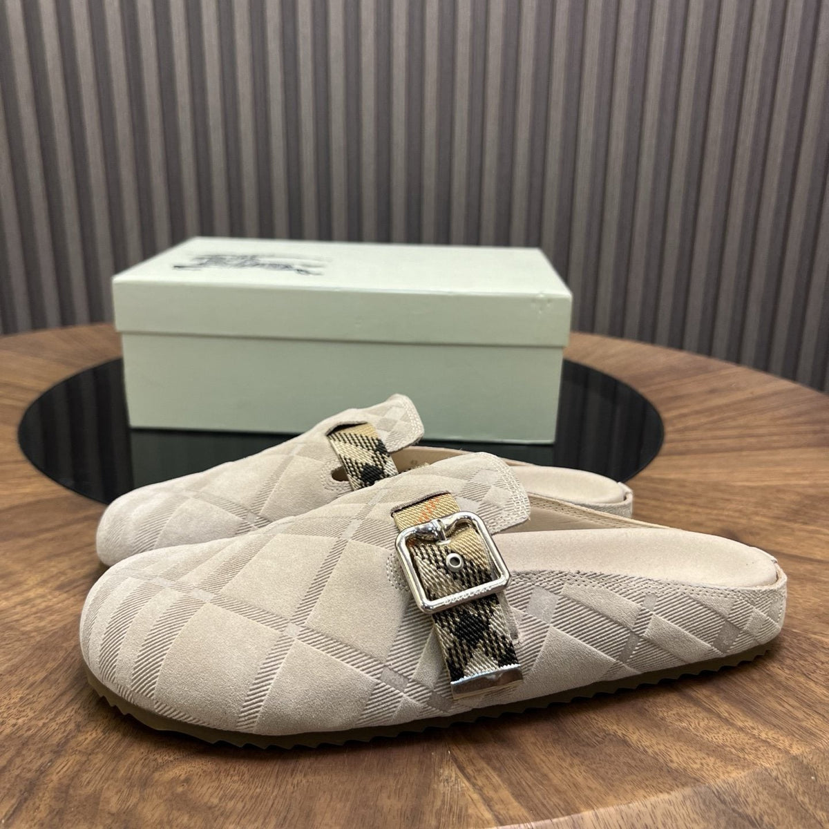 Burberry Brown Plaid Buckle Mule Slippers — front