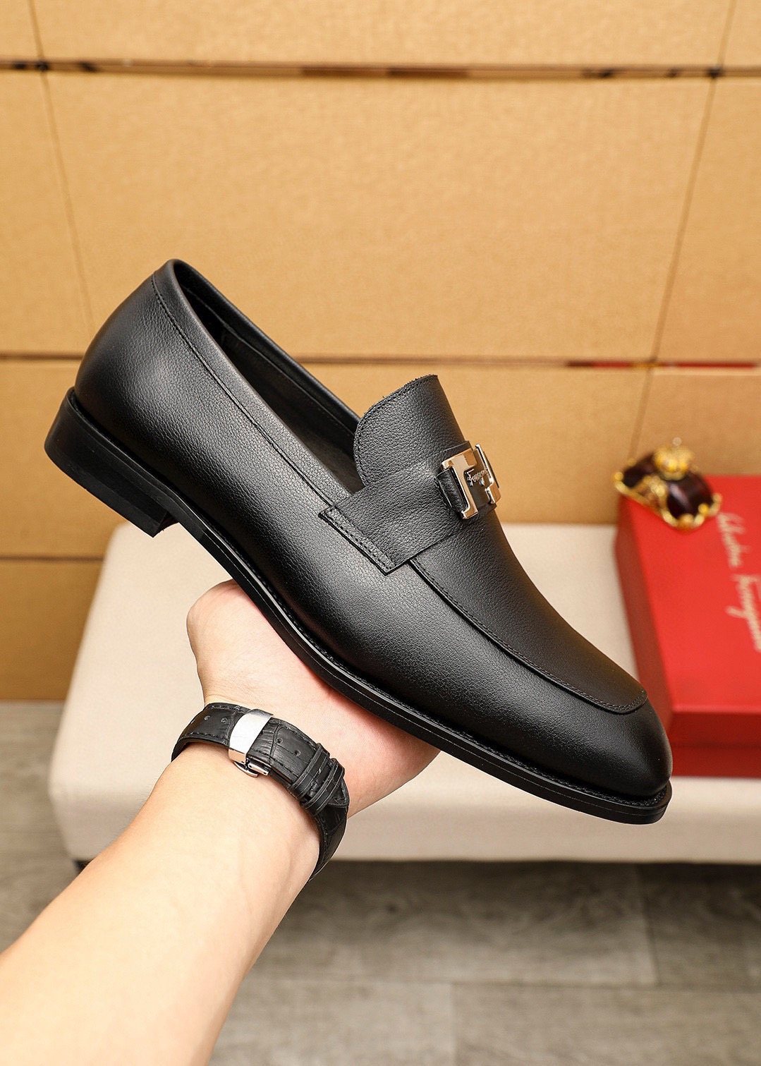 Ferragamo Black Buckle Loafers — model