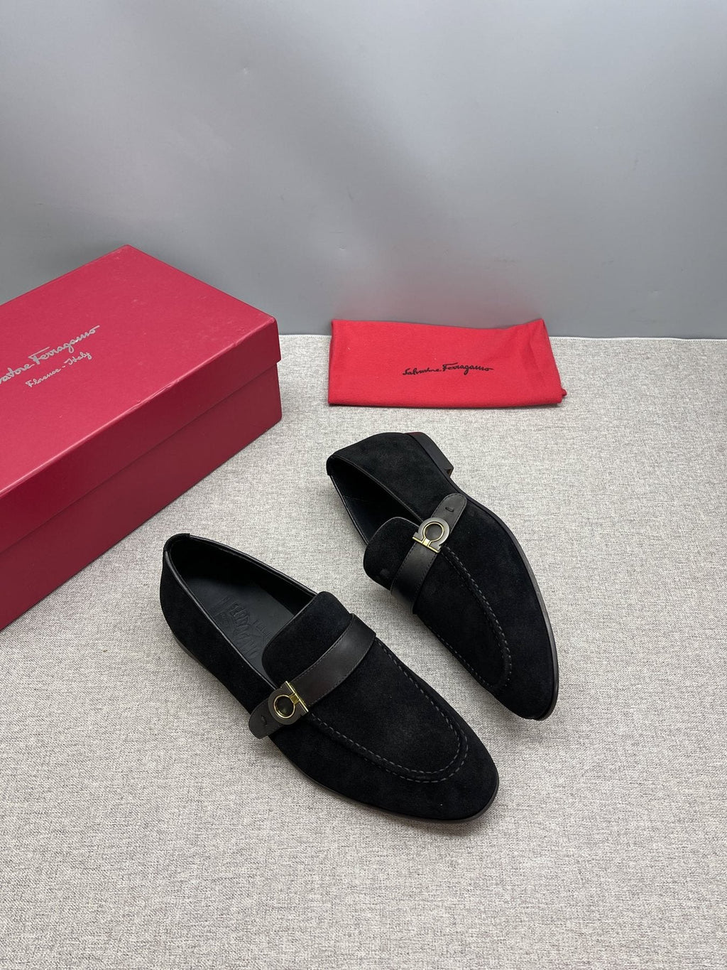 Ferragamo Navy Buckle Loafers — side