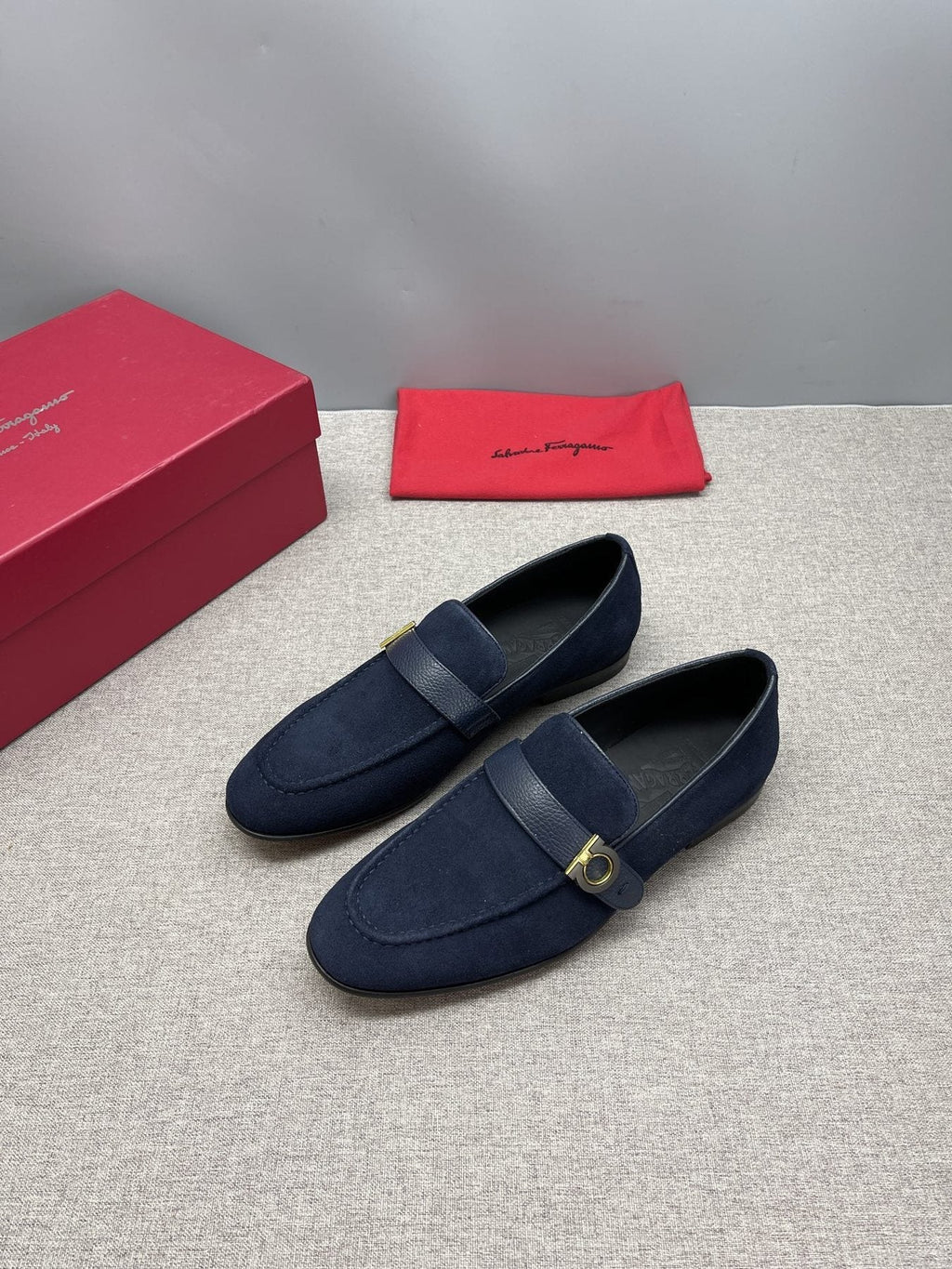 Ferragamo Navy Buckle Loafers — side