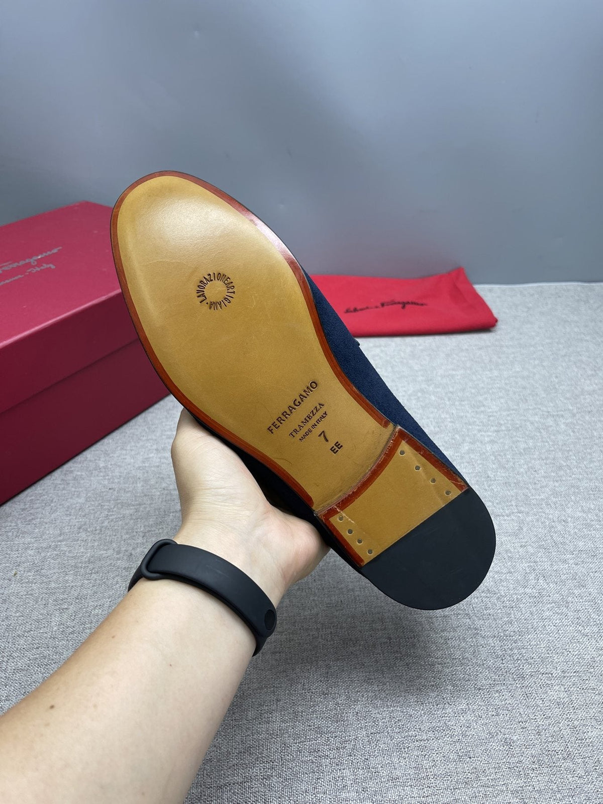 Ferragamo Navy Buckle Loafers — front
