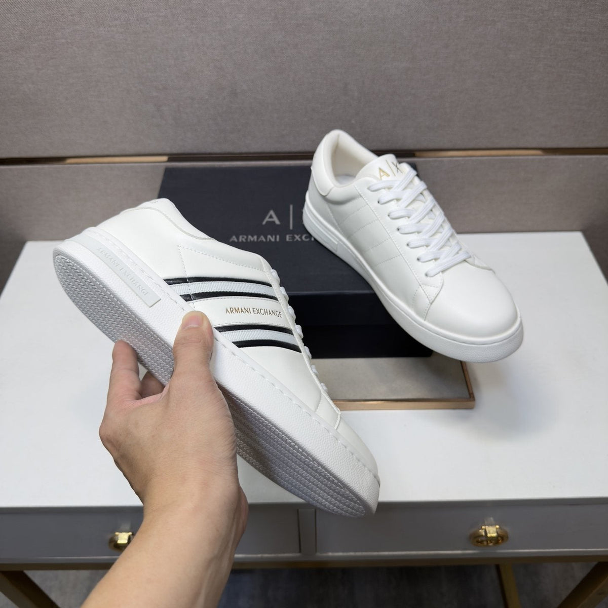 Armani Navy and White Stripe Sneakers — model